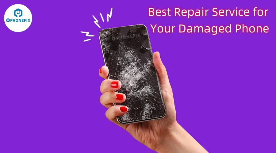 Hand holding a cracked smartphone on purple background, phone repair service promotion