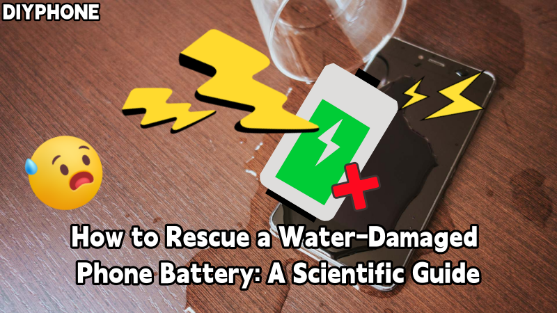 Spilled water on smartphone with battery warning icons, water-damaged phone repair concept