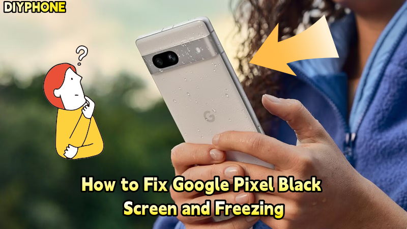 Person holding Google Pixel phone with water droplets, repair tutorial text overlayed.