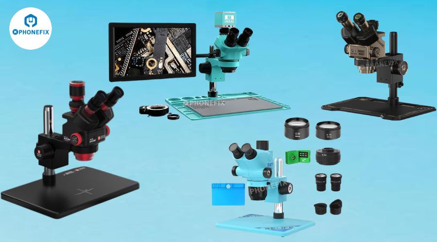 Mobile phone repair microscopes and accessories on blue background, including trinocular and digital microscope models.