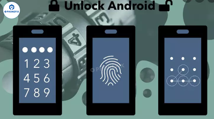 Android phone unlock methods illustration showing keypad, fingerprint, and pattern lock icons