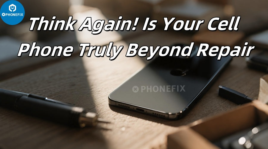 Smartphone on repair desk with tools, cell phone repair concept, 'Think Again!' text overlay.