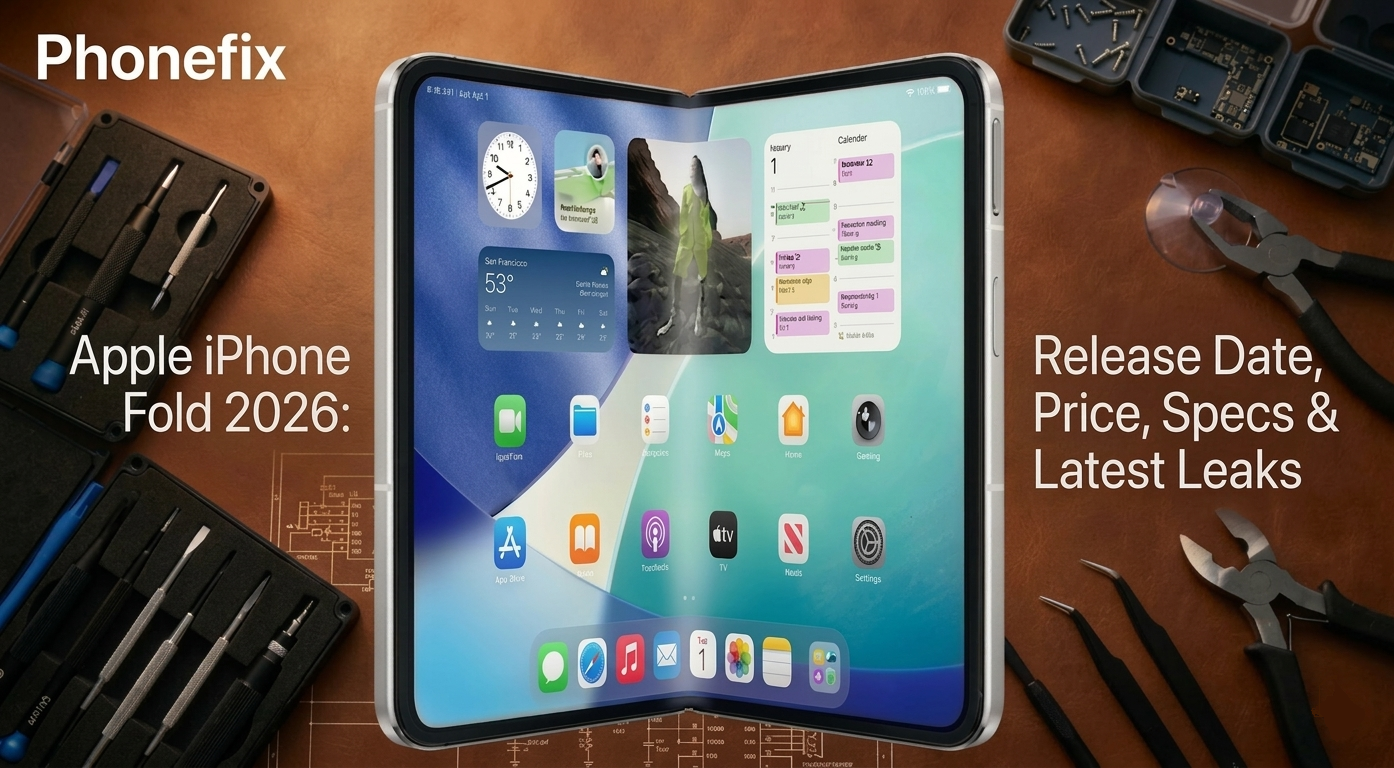 Foldable iPhone display with repair tools, showing app icons and calendar, concept for iPhone Fold 2026 leaks and specs.