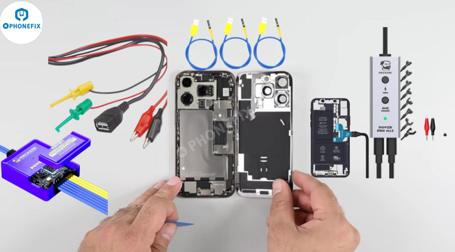 Hands repairing smartphone with phone repair tools, power supply, and test cables on table.