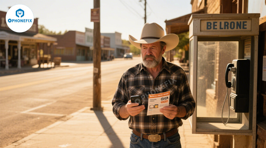 Man in cowboy hat holding smartphone and SIM card kit beside vintage phone booth on street