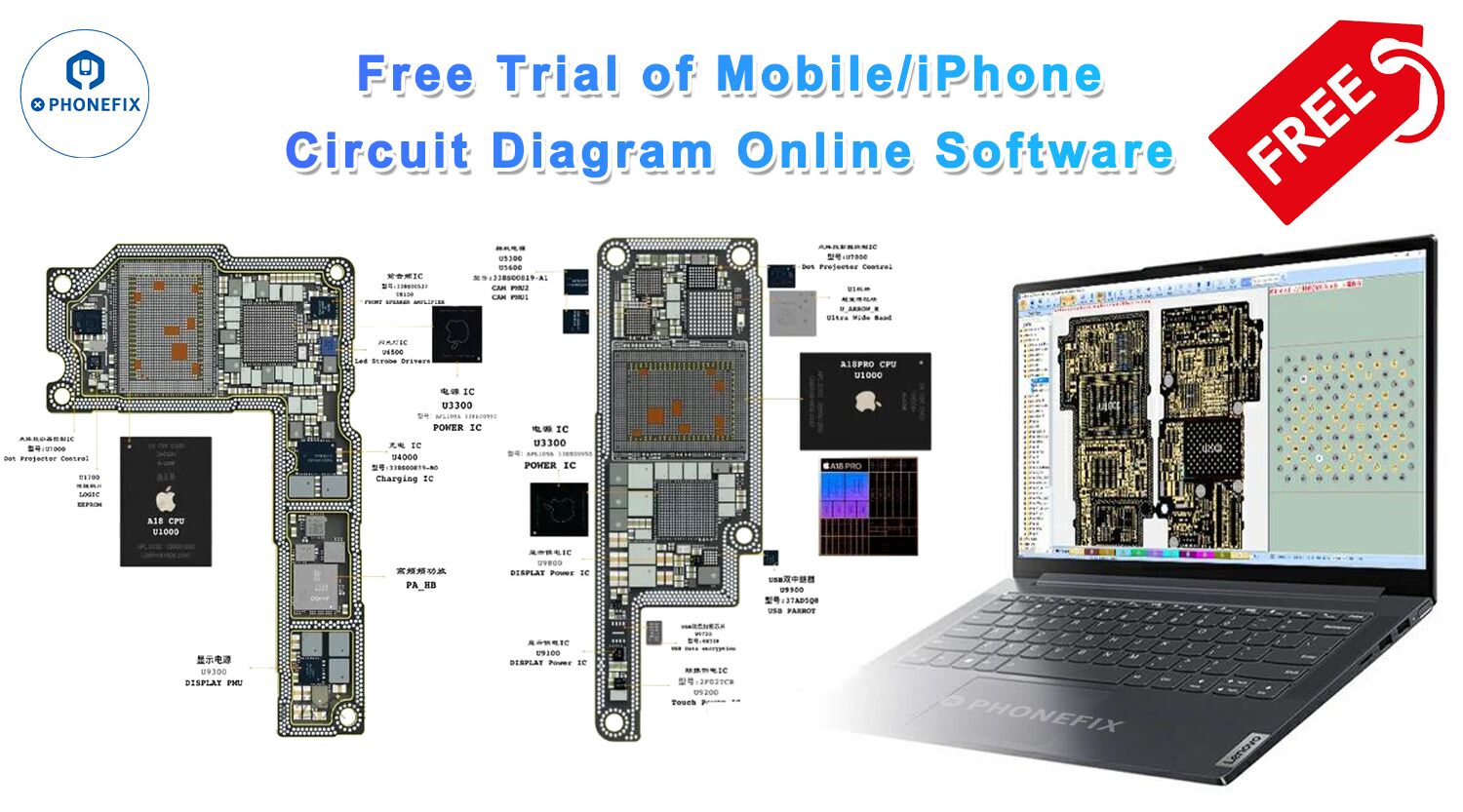 Free trial online software for mobile and iPhone circuit diagrams, motherboard schematics shown on laptop.