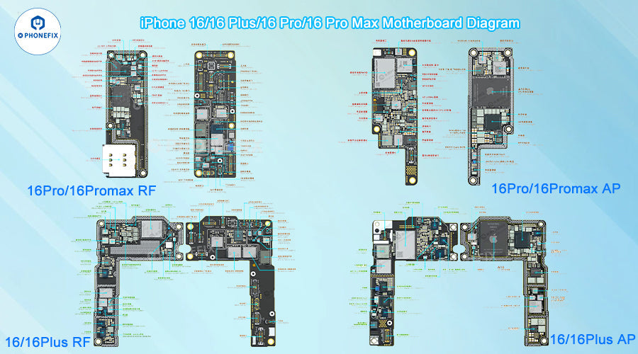 iPhone 16, 16 Plus, 16 Pro, 16 Pro Max motherboard diagrams with labeled components for repair reference.