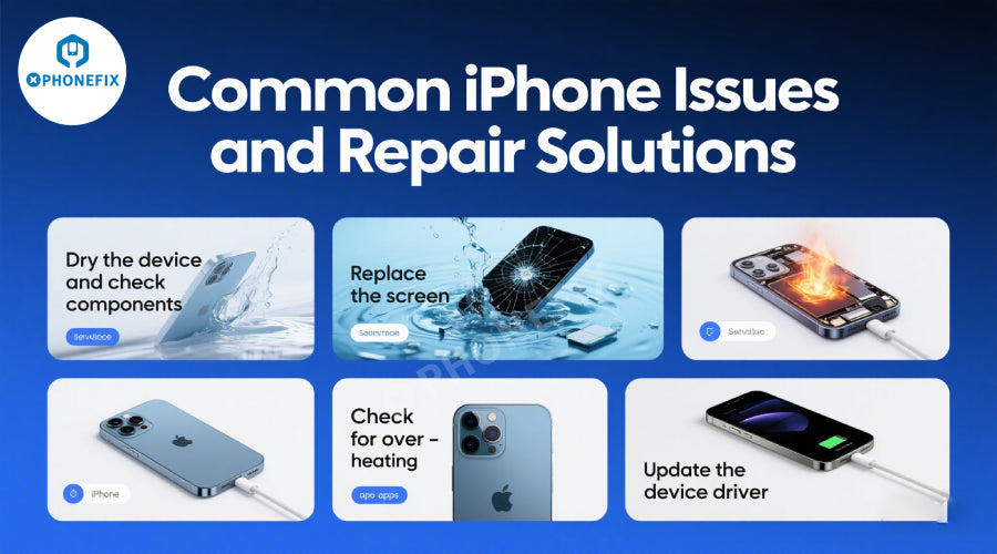 Infographic showing common iPhone repair solutions with relevant images and tips.