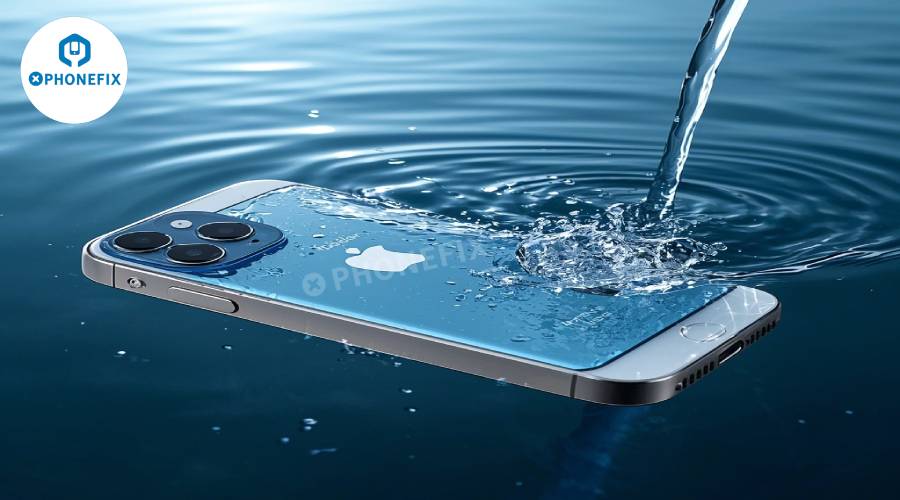 Blue smartphone with triple camera partially submerged in water, showing waterproof feature