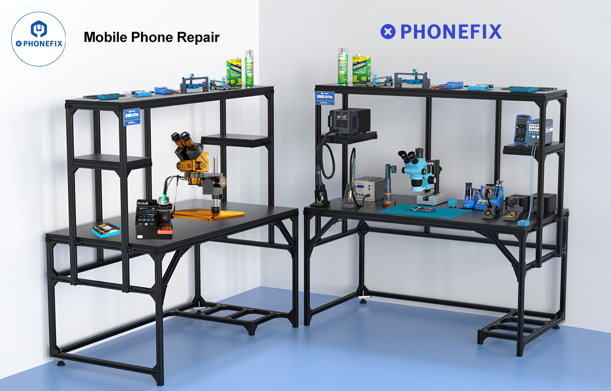 Mobile phone repair workstations with tools, microscopes, and equipment on black tables.