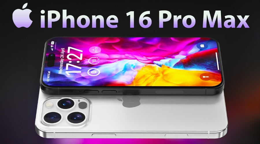 iPhone 16 Pro Max smartphone with triple rear cameras and colorful display, black and silver design.