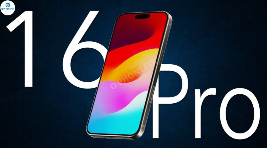 iPhone 16 Pro smartphone with colorful display on dark background, front view