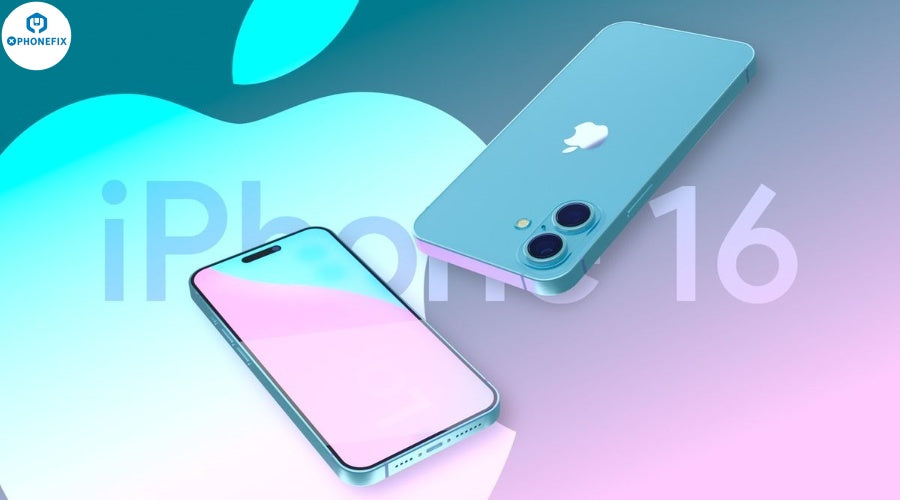 Blue iPhone 16 front and back render with dual cameras on colorful background
