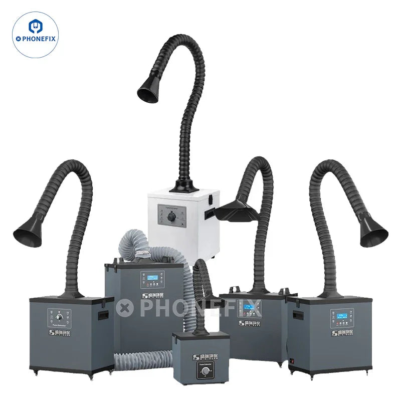 Fume extractor machines with flexible exhaust arms for electronics soldering repair