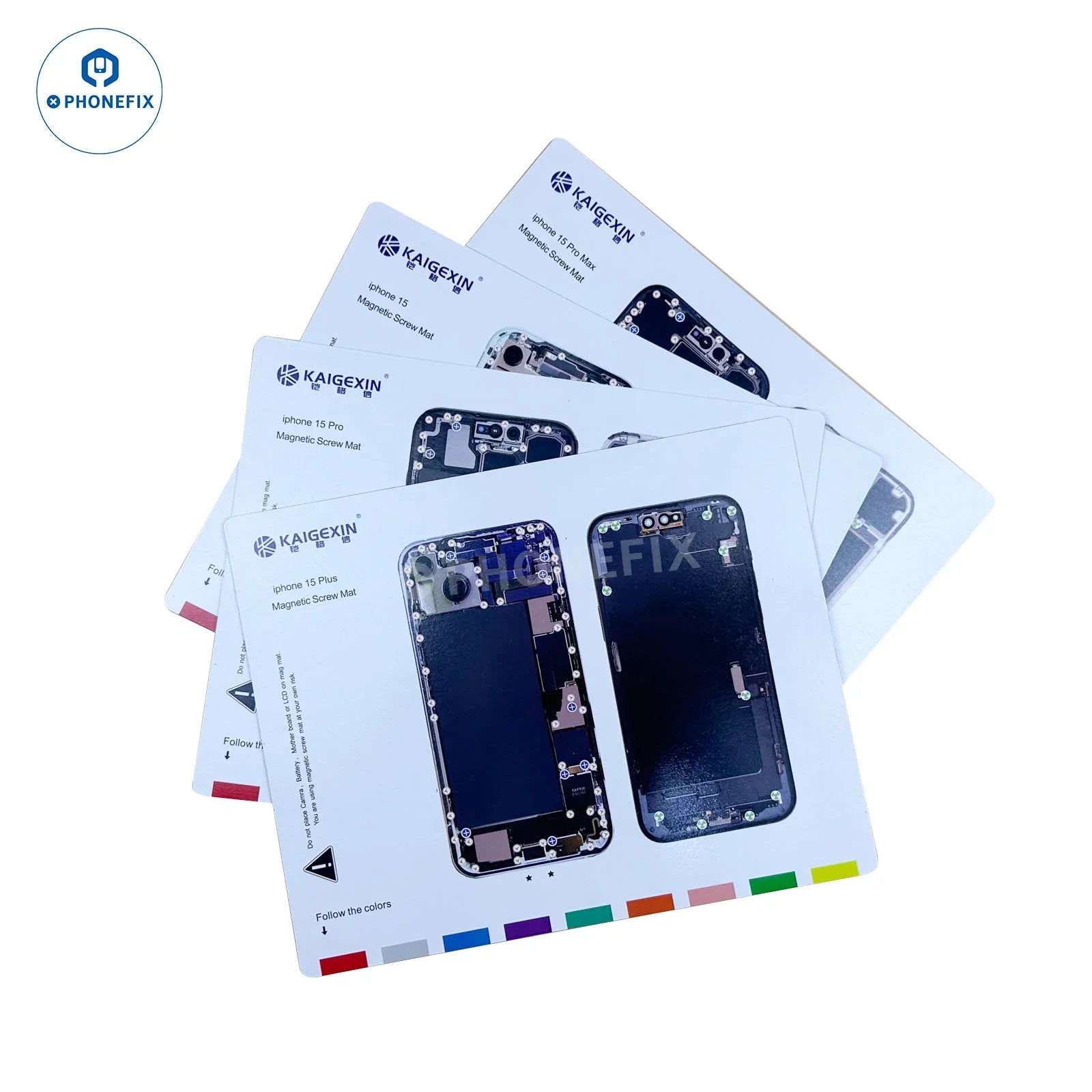 Magnetic screw mats for iPhone 15, 15 Pro, and 15 Plus mobile phone repair, organized for technicians.