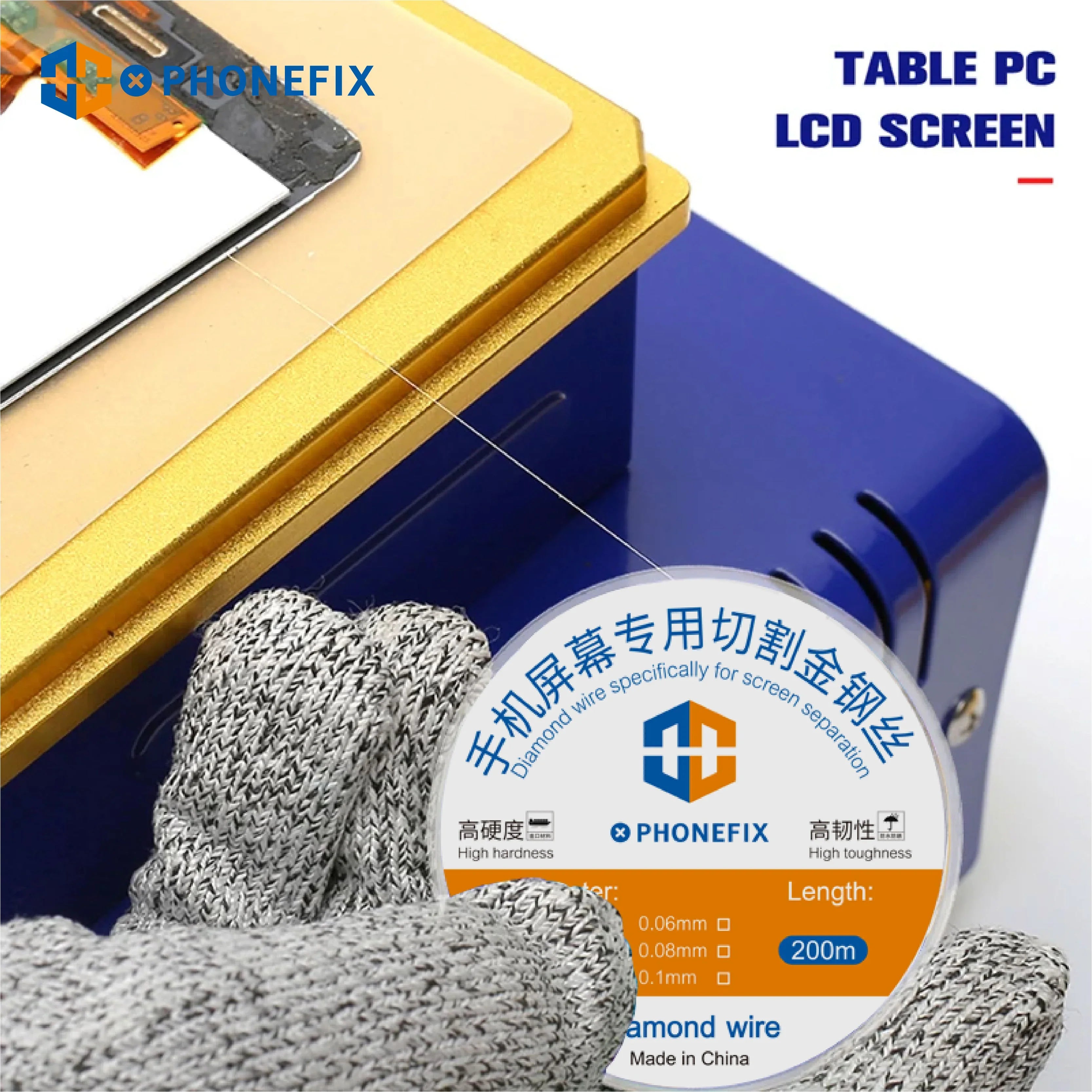 Diamond separation wire tool for tablet LCD screen repair, held by gloved hand, close-up.