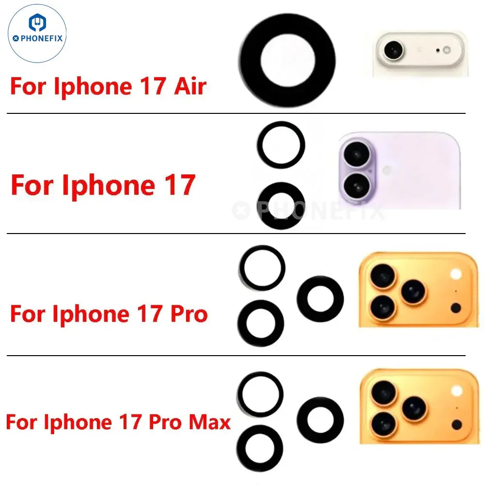 Camera lens protector rings for iPhone 17 Air, 17, 17 Pro, and 17 Pro Max with phone camera images.