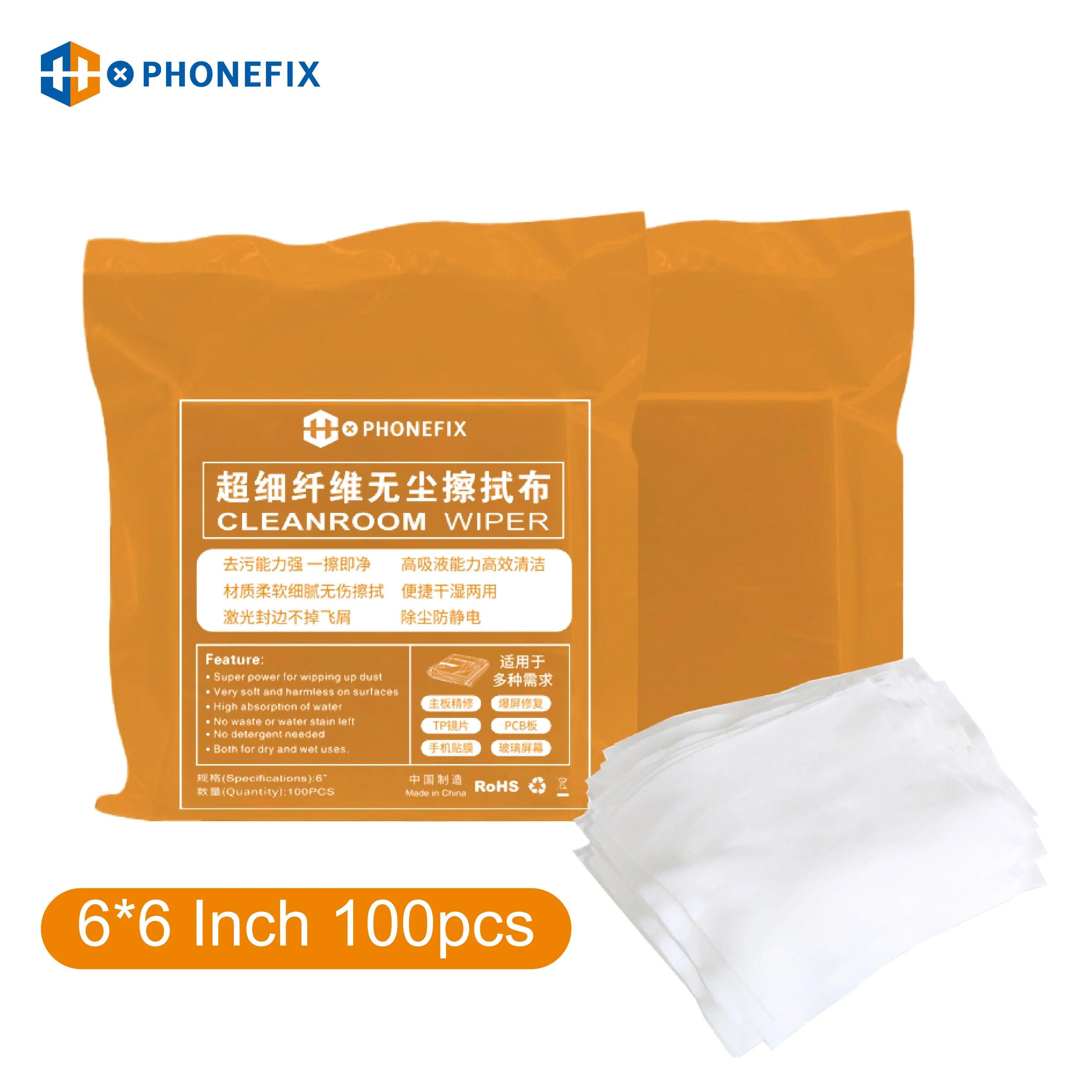 Cleanroom wiper 6x6 inch pack of 100, microfiber phone repair lint-free wipes.