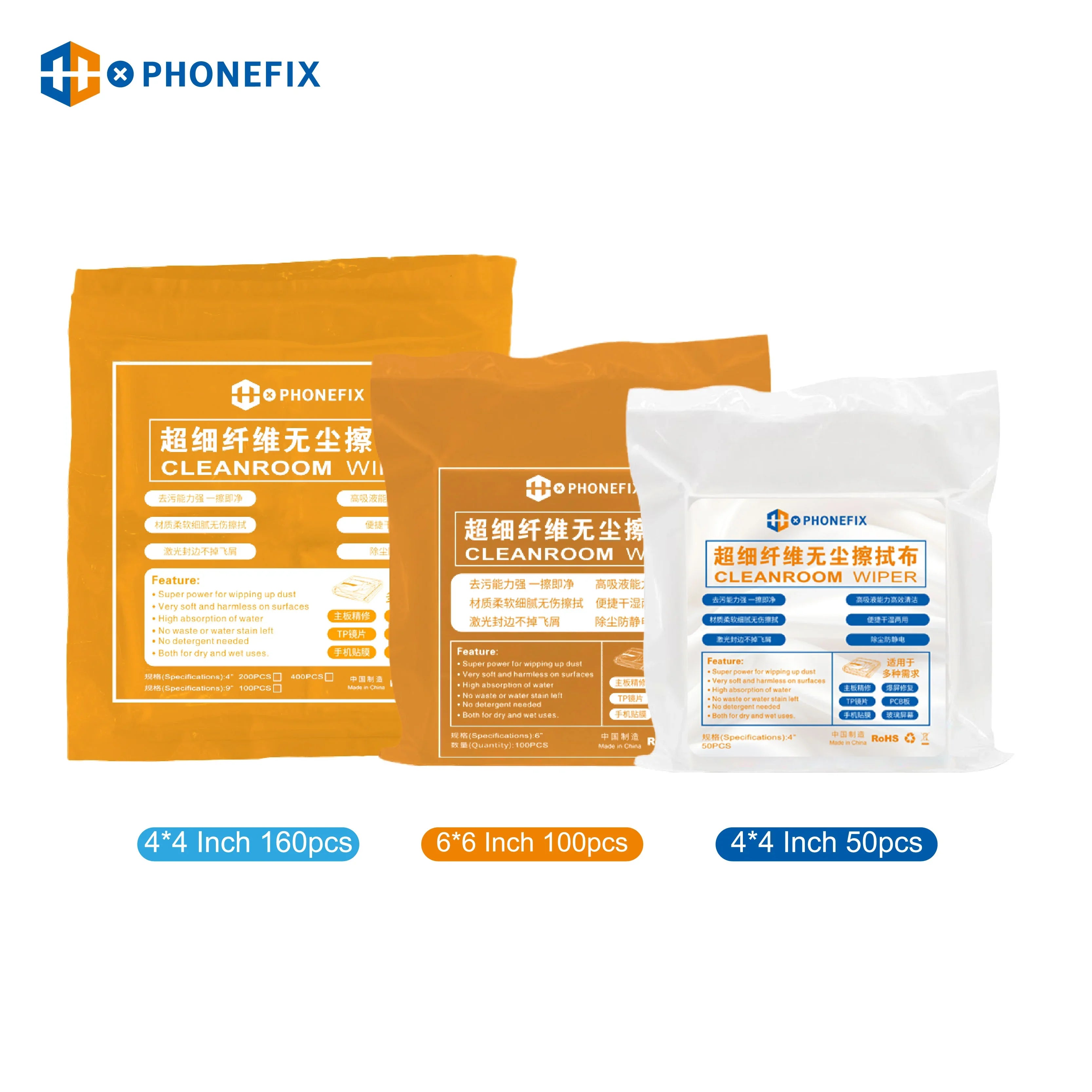 Cleanroom wiper packs for phone repair, 4x4 and 6x6 inch, shown in orange and white packaging.