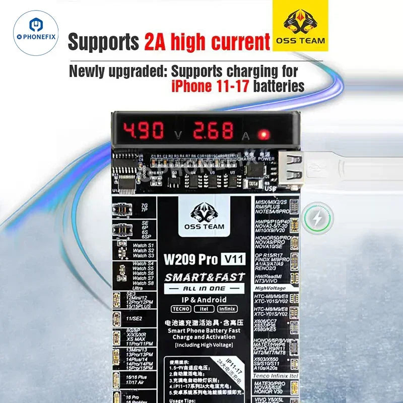 W209 Pro V11 battery activation board displaying voltage and current, supports iPhone 11-17 charging.