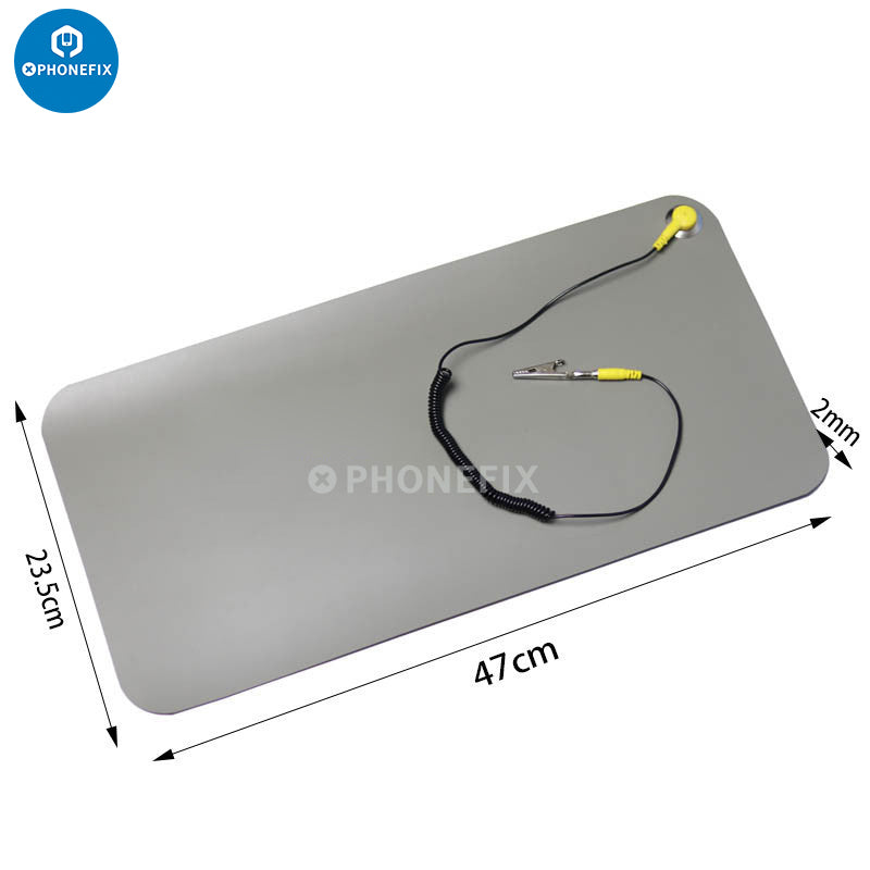 Anti-static grounding mat for mobile phone repair with clip and cable, 47x23.5cm size.