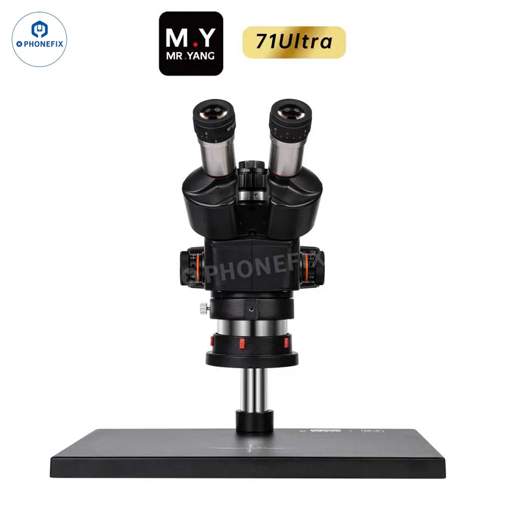 PHONEFIX YCS M.Y 71 Ultra 6.5-58x trinocular stereo microscope for phone repair, with adjustable zoom and binocular viewing.