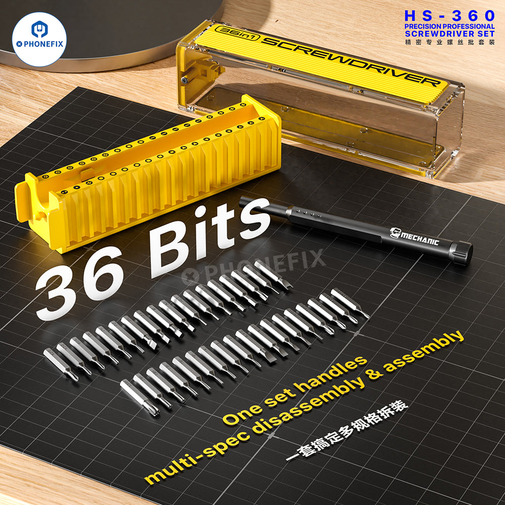 PHONEFIX MECHANIC HS-360 36-in-1 precision screwdriver set with various screwdriver bits for phone repair and electronics.