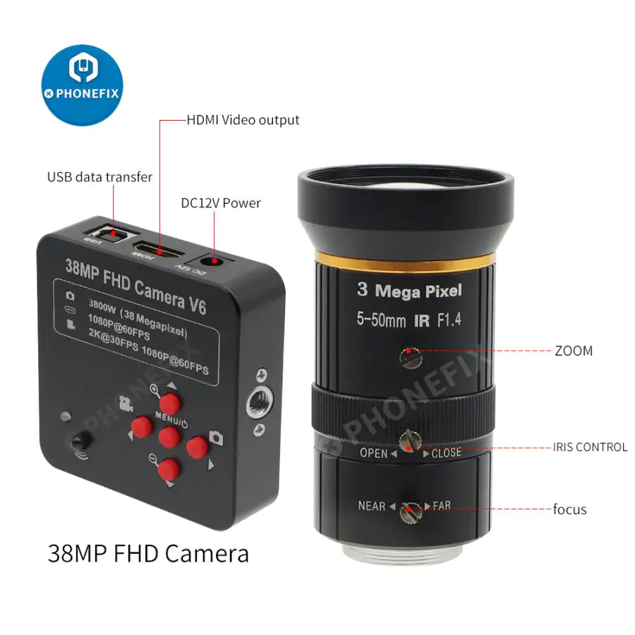 38MP HDMI USB 60FPS Camera 5.0-50mm F1.4 Lens Industry Live