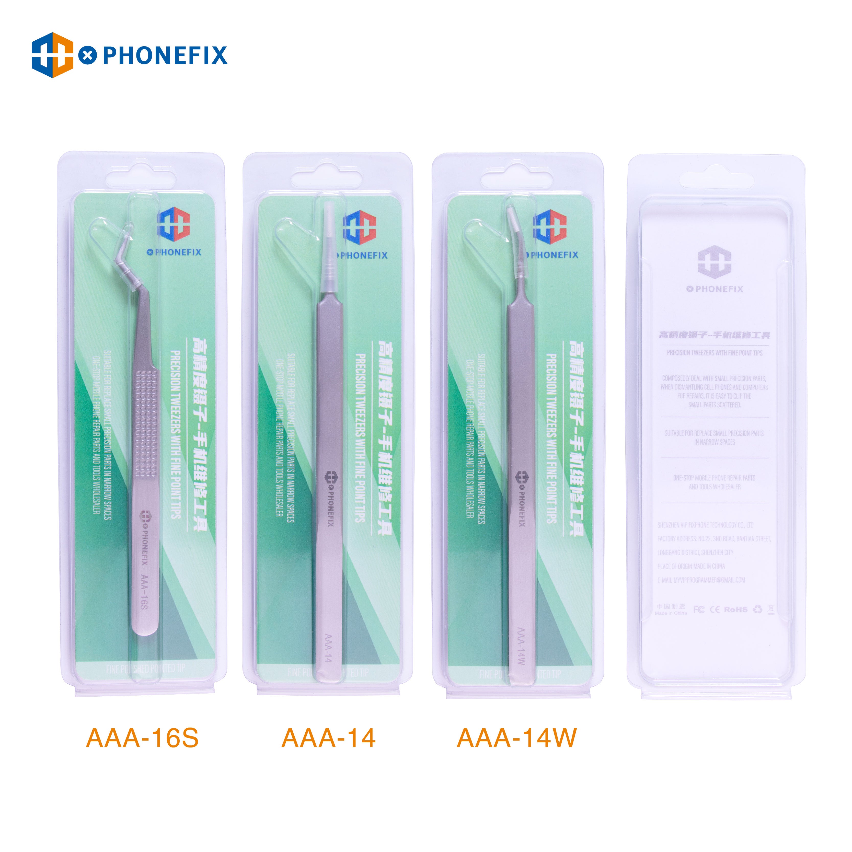 Set of three precision tweezers for phone repair, labeled AAA-16S, AAA-14, AAA-14W in packaging