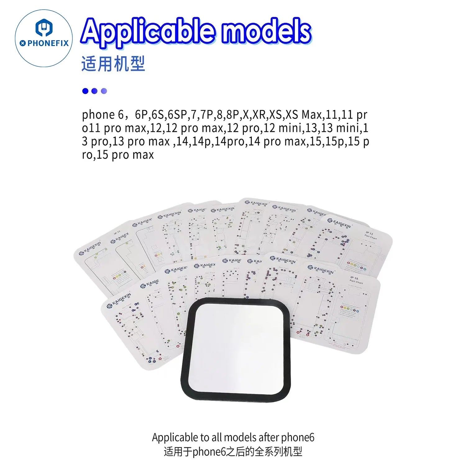 Mobile phone repair screw mats and guide cards for iPhone models, organized in a fan layout.