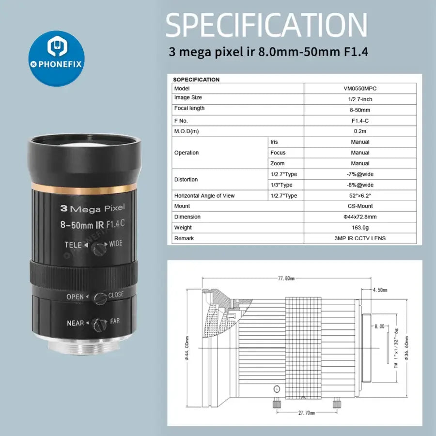 3MP 8-50mm 1/2.5″ F1.4 C Mount Lens for CCTV Industrial