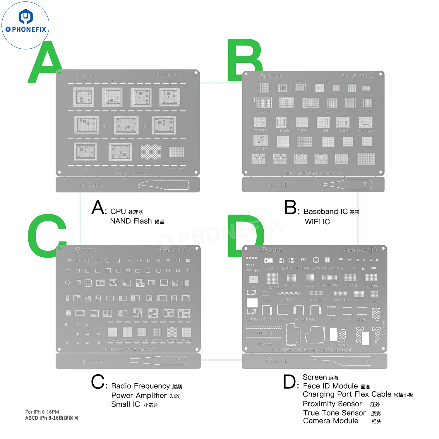 2UUL BG01 ABCD Reballing Stencil for iPhone 8-16 Pro Max All Chips