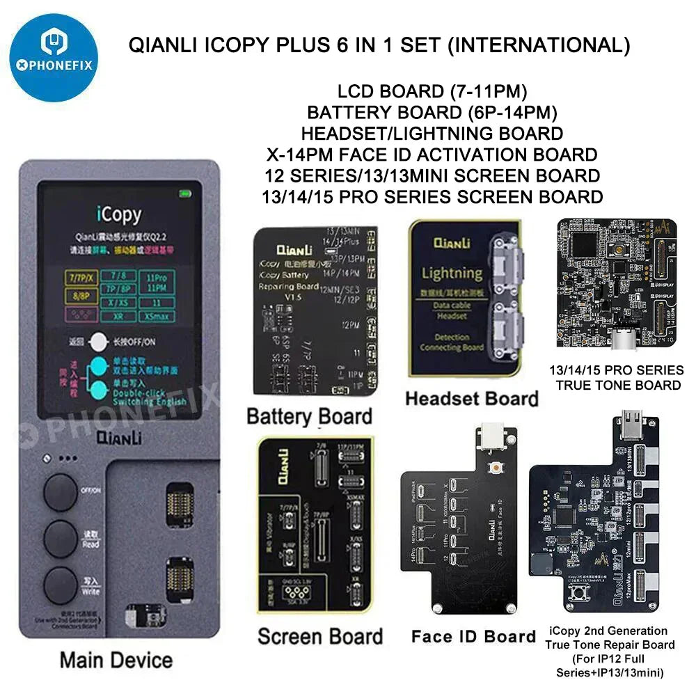 Qianli iCopy Plus 6 in 1 set with main device, battery board, screen board, headset board, Face ID board, and True Tone repair boards for phone repair.