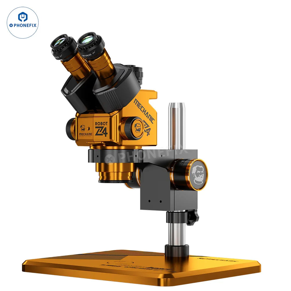 Electric trinocular stereo microscope MECHANIC ROBOT Z4 6.5X-60X by PHONEFIX, detailed close-up of lens and control knobs