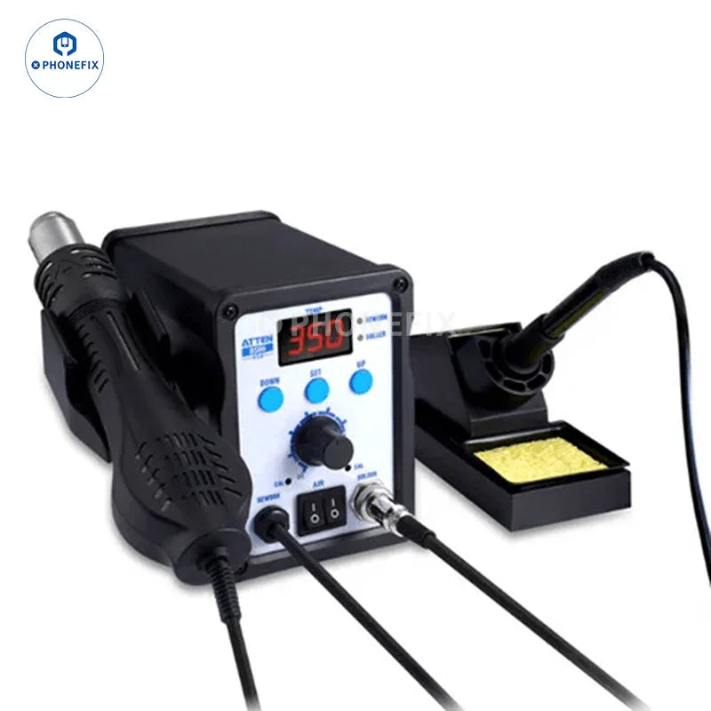 Digital hot air rework soldering station with temperature display and soldering iron
