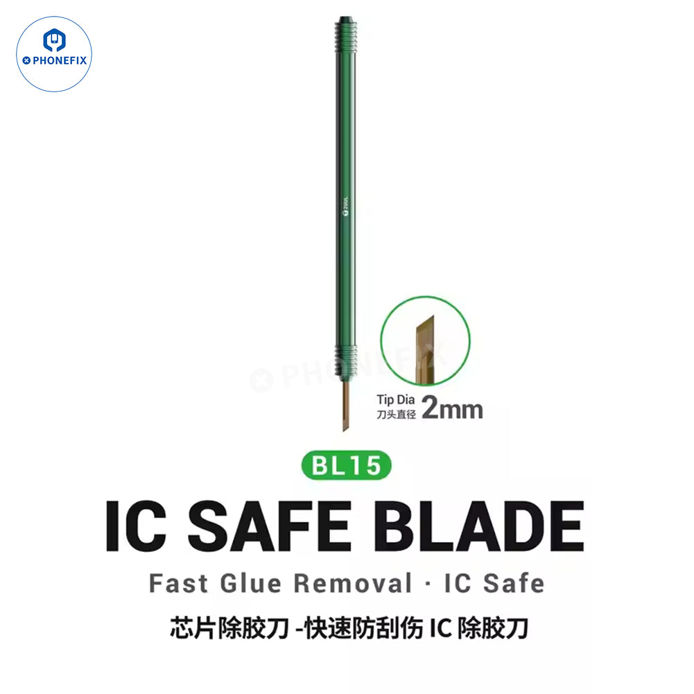 PHONEFIX 2UUL BL15 IC glue removal blade for phone and electronics repair, with precision tweezers and knife tools.