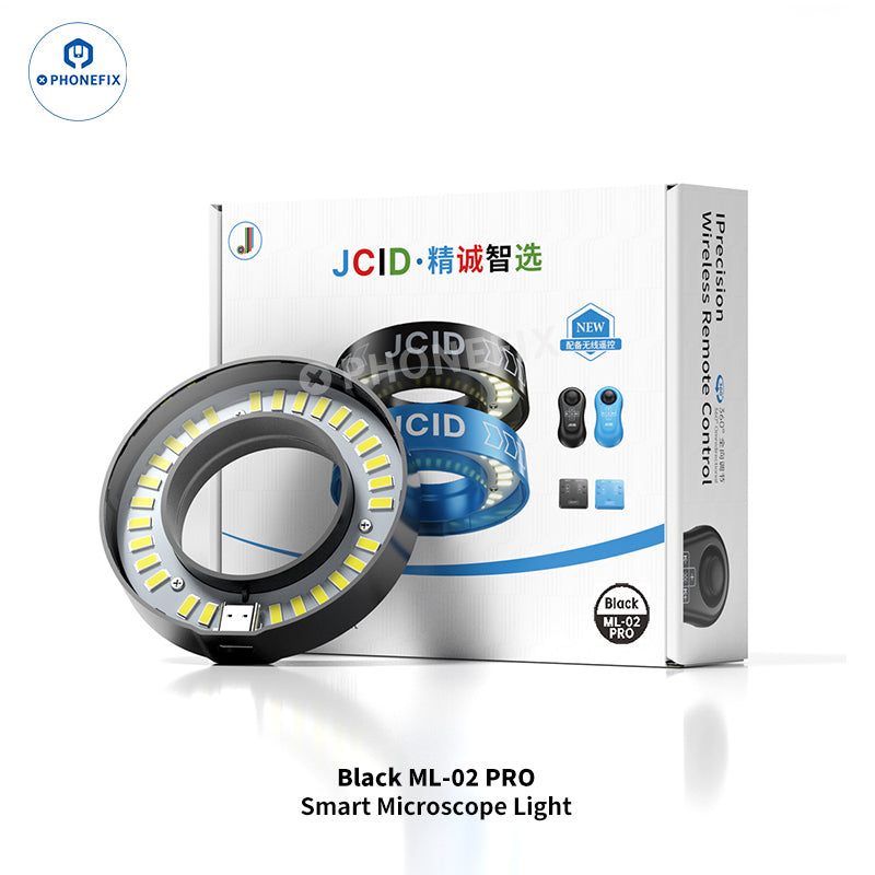 Black PHONEFIX JCID ML-02 Pro Smart Adjustable LED Microscope Ring Light attached to a microscope for enhanced illumination.
