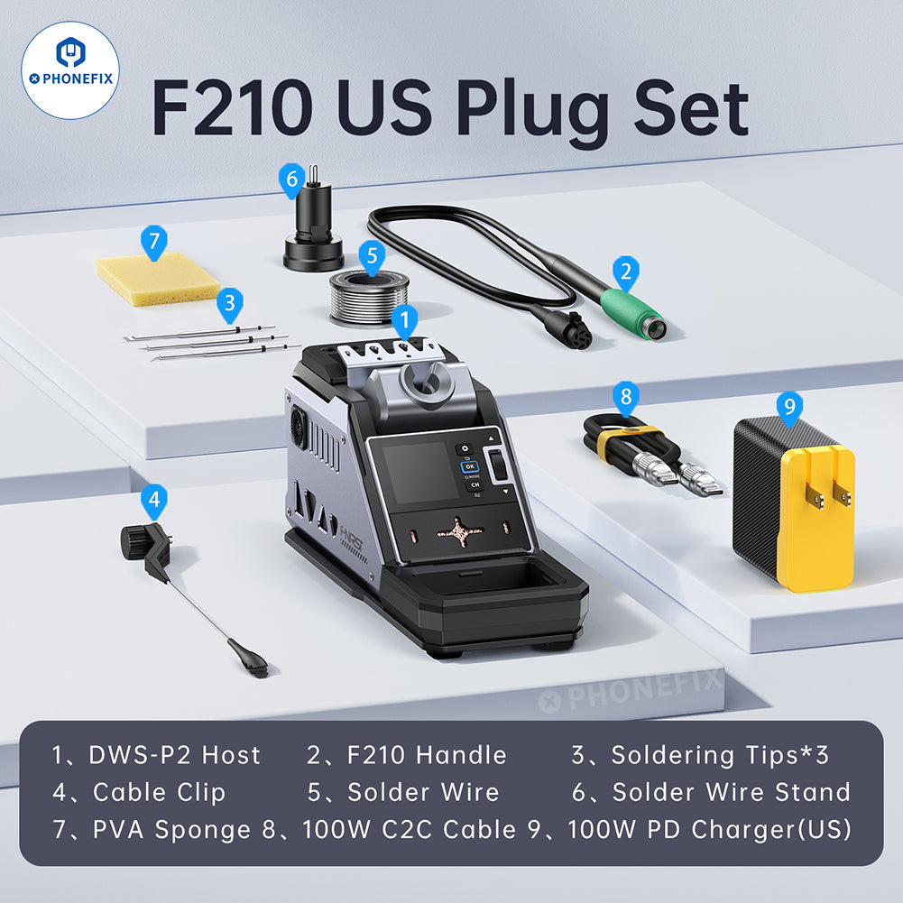PhoneFix FNIRSI DWS-F245/F210 BGA rework station DIY soldering kit for phone repair with temperature control and precision tools.