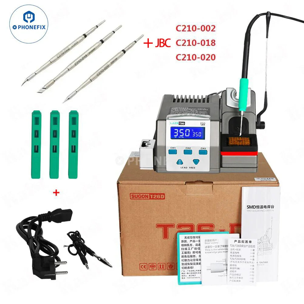 SUGON T26D soldering station kit with digital display, soldering tips, cables, and manuals for phone repair.