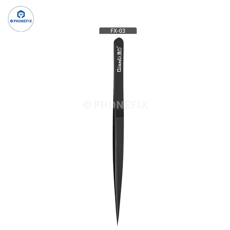 FX-03 precision tweezers for mobile phone repair, fine tip, black, isolated on white