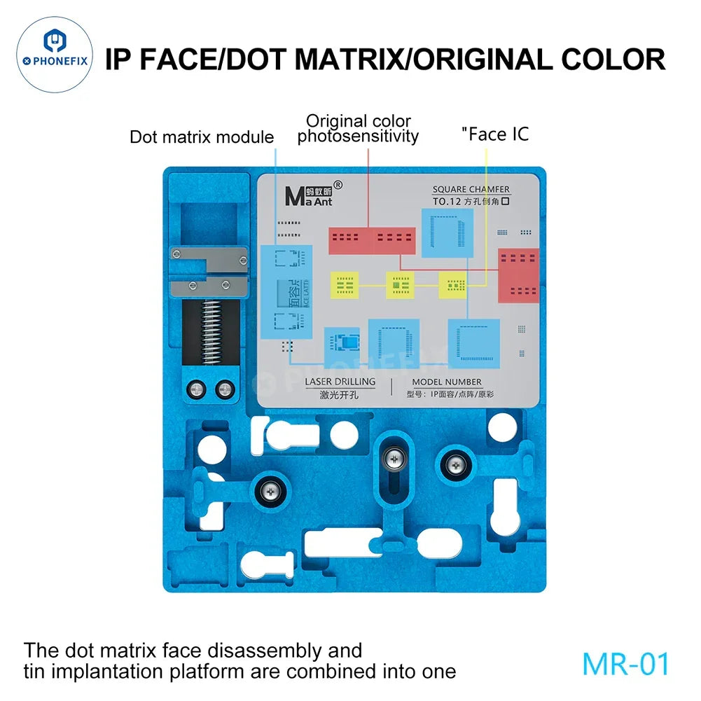 Blue dot matrix face disassembly tin implantation platform for mobile phone repair, MR-01 model.