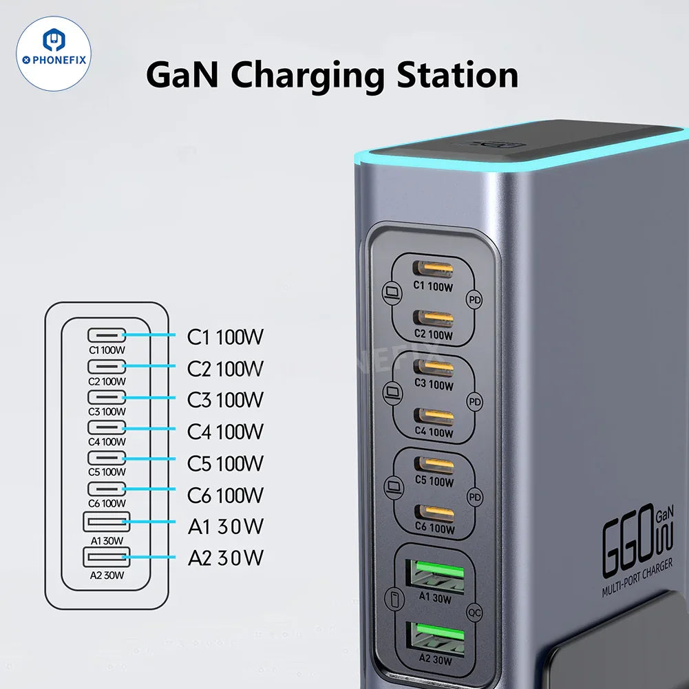 WLX-F8L 660W GaN 8-Port Fast Charger PD/QC3.0 Charging Station - CHINA PHONEFIX SHOP Team