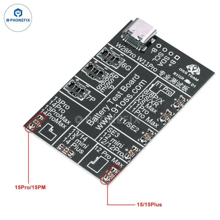 Mobile phone battery test board with labeled ports for iPhone battery models, USB-C connector