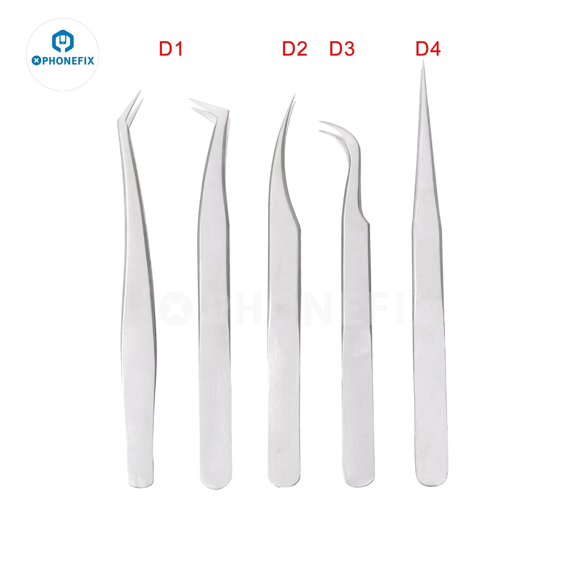 Set of four precision stainless steel industrial tweezers for electronics repair