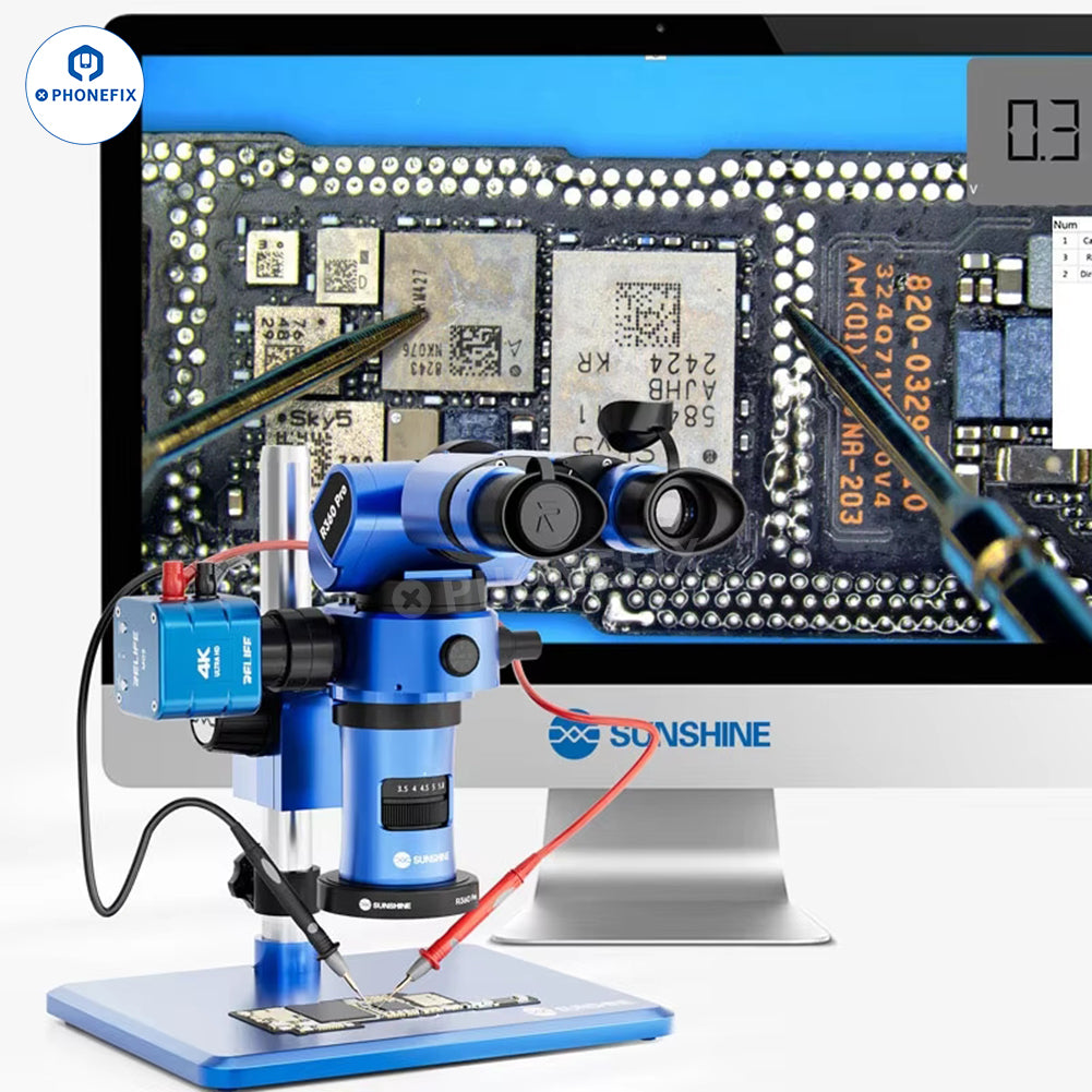 RELIFE MC5 4K 60FPS microscope camera for PCB microsoldering, showing close-up view of circuit board details.