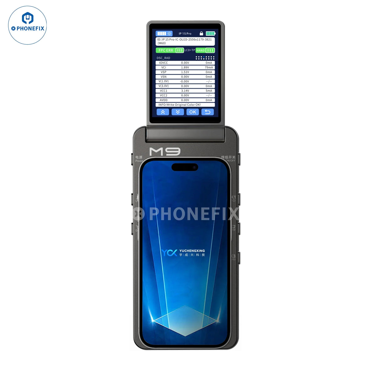 PHONEFIX YCX M9 M960 Android and iPhone screen tester programmer for screen repair tools, displaying the device and testing interface.