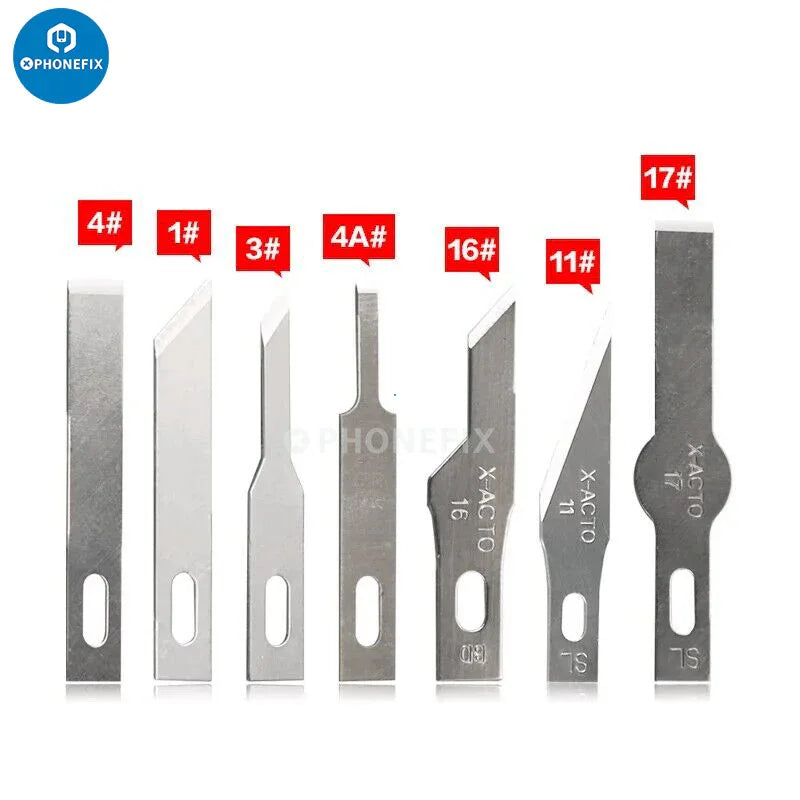 Assorted stainless steel precision knife blades for mobile phone repair, labeled by type.