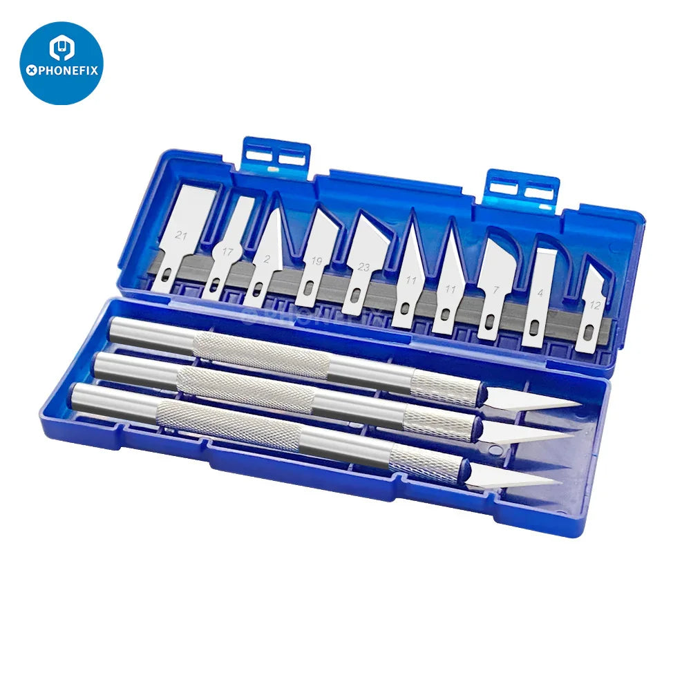 Stainless steel precision knife and blade set for phone repair in blue case