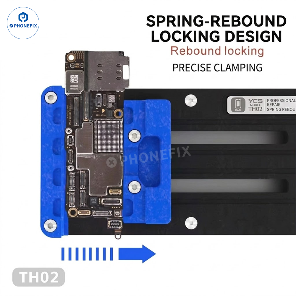 YCS TH02 spring motherboard clamp fixture for phone CPU IC soldering, designed for testing and repair of mobile device motherboards.