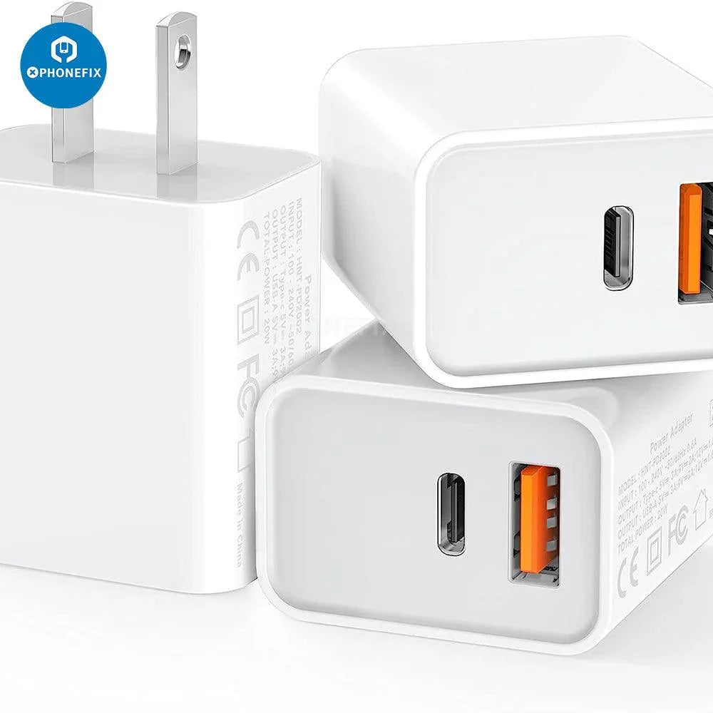CHINA PHONEFIX USB-C and USB dual port PD power adapter for iPhone, iPad, and MacBook, connected to devices.